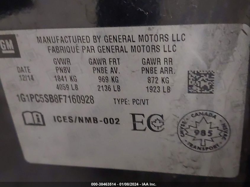 2015 CHEVROLET CRUZE 1LT AUTO - 1G1PC5SB8F7160928