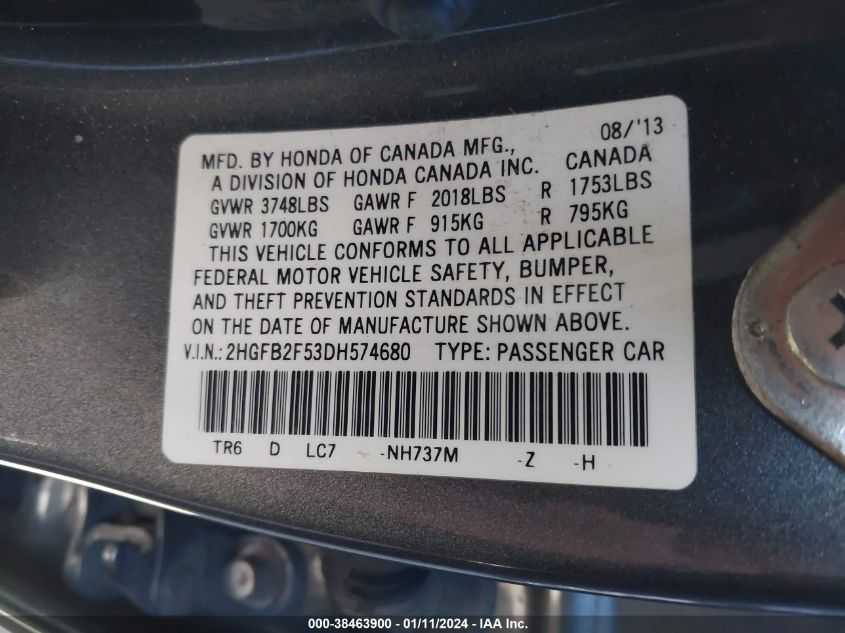 2013 HONDA CIVIC LX - 2HGFB2F53DH574680