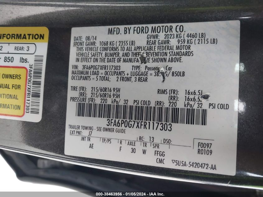 2015 FORD FUSION S - 3FA6P0G7XFR117303