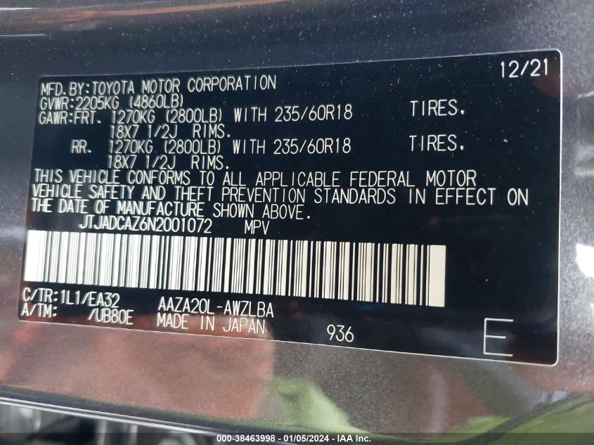 2022 LEXUS NX 250 JTJADCAZ6N2001072