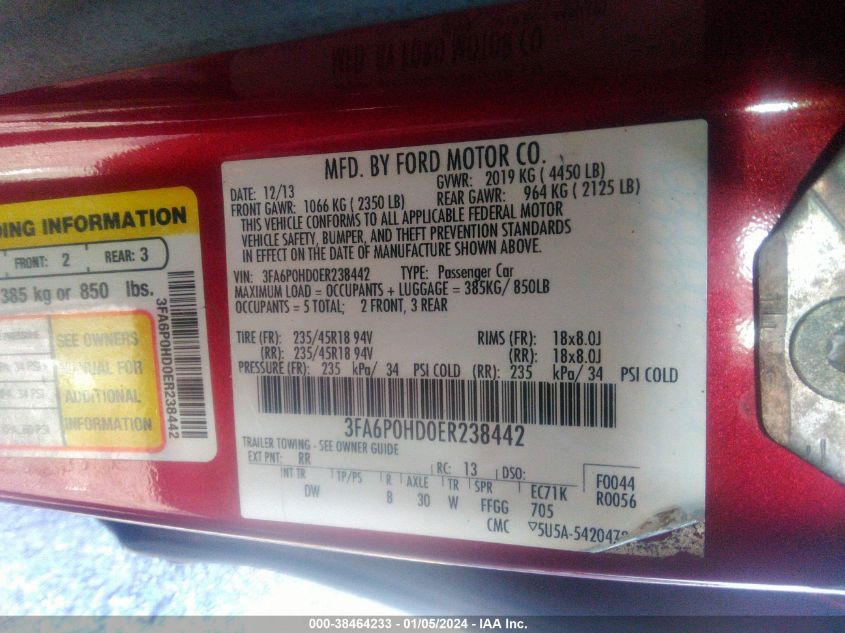 2014 FORD FUSION SE - 3FA6P0HD0ER238442