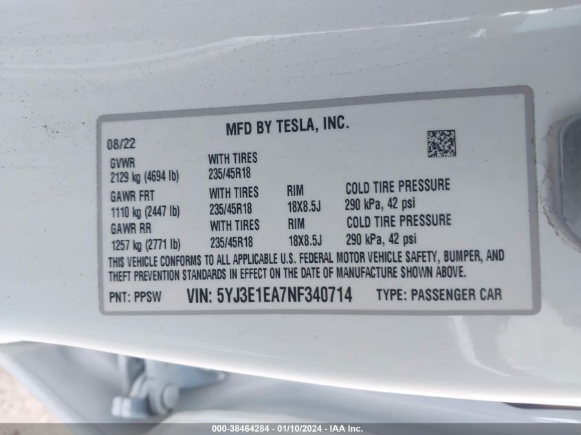 2022 TESLA MODEL 3 REAR-WHEEL DRIVE - 5YJ3E1EA7NF340714