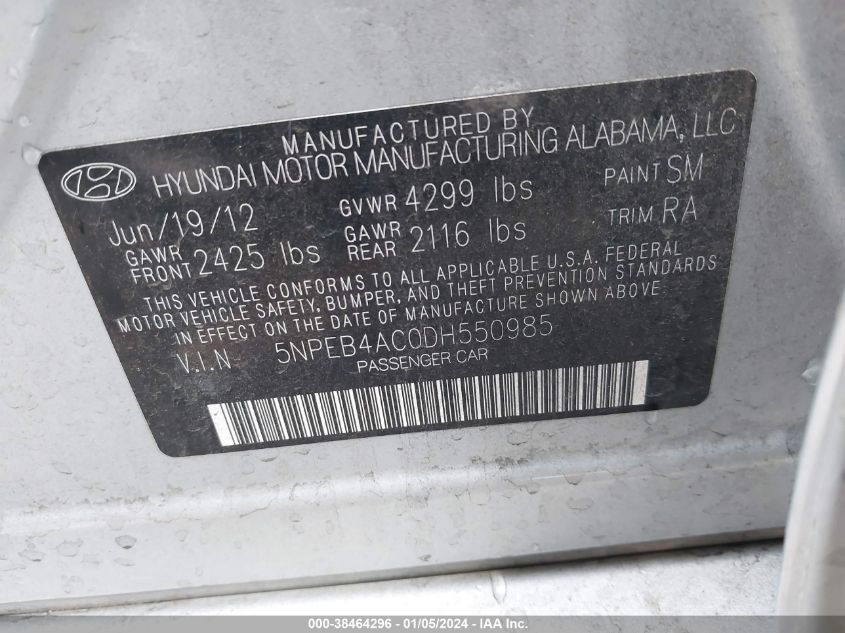 2013 HYUNDAI SONATA GLS - 5NPEB4ACODH550985