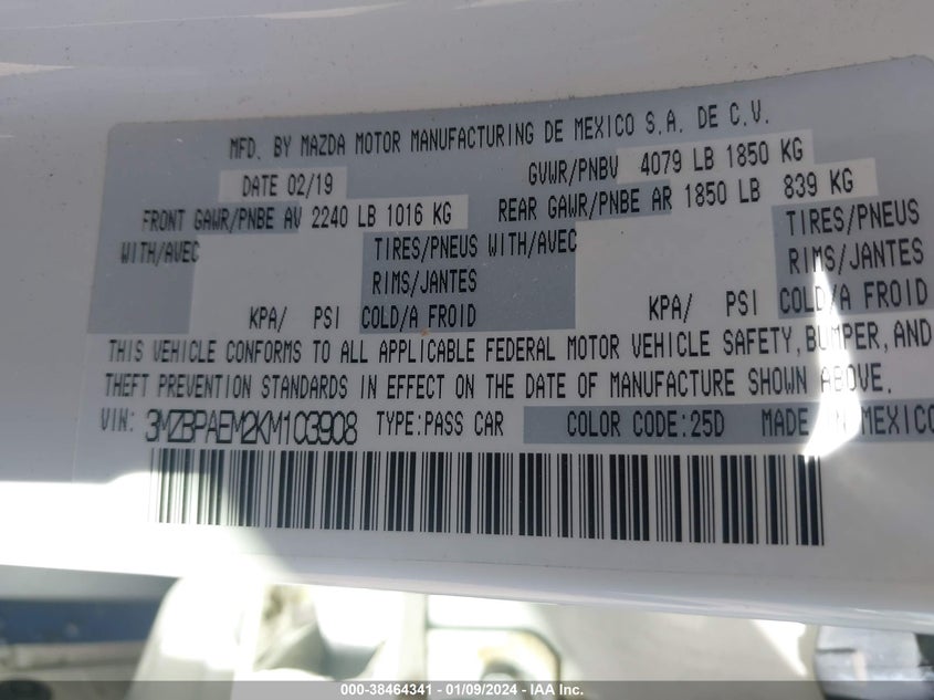 VIN 3MZBPAEM2KM103908 2019 MAZDA MAZDA3 PREMIUM PACKAGE