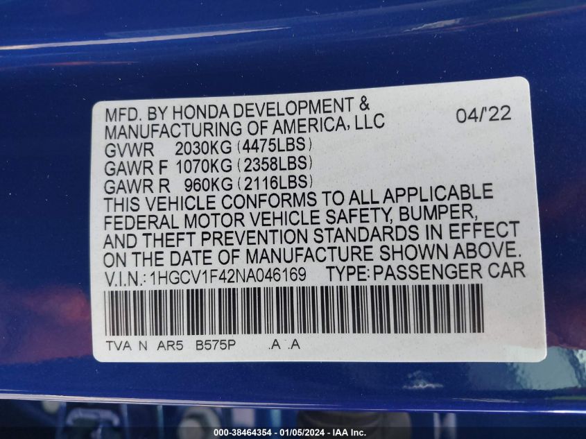 2022 HONDA ACCORD SPORT SE - 1HGCV1F42NA046169