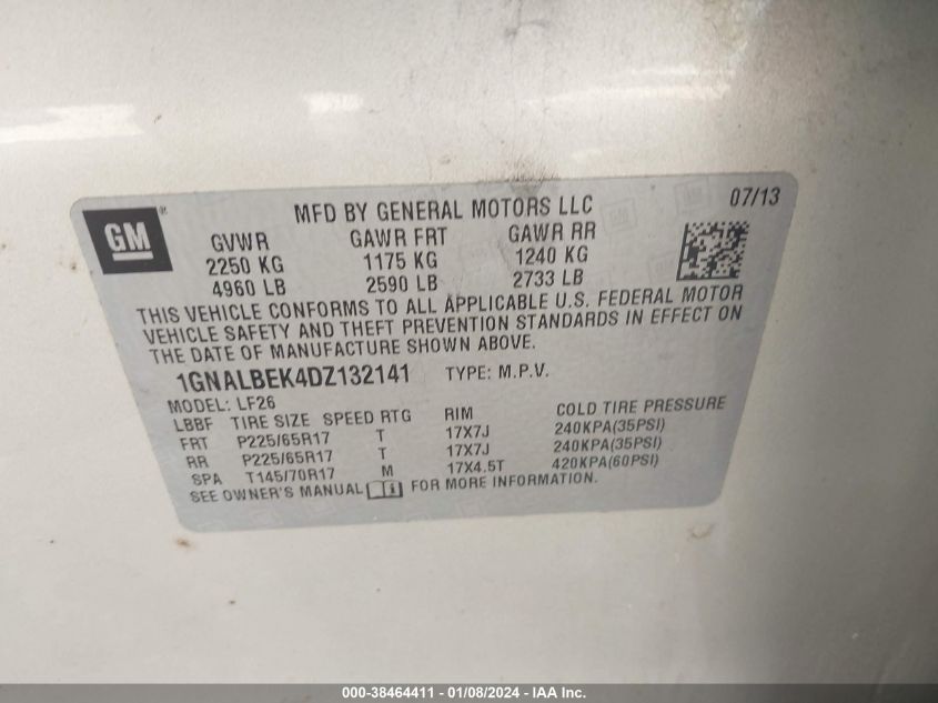 2013 CHEVROLET EQUINOX LS - 1GNALBEK4DZ132141