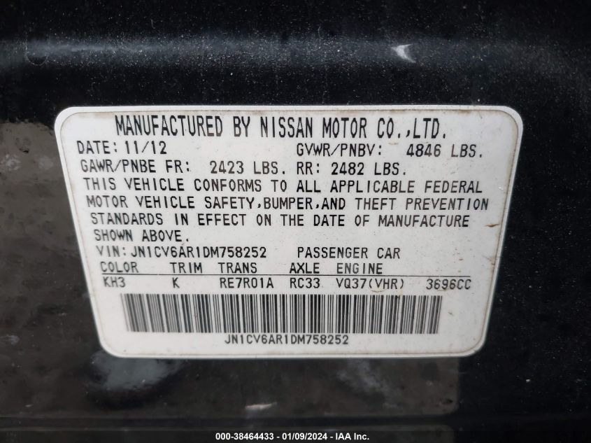 2013 INFINITI G37X JN1CV6AR1DM758252