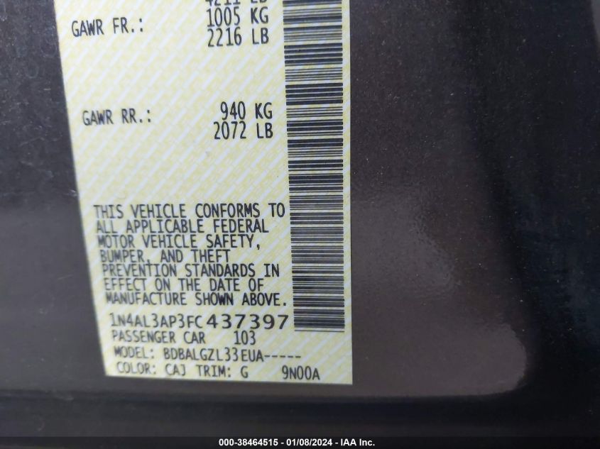 2015 NISSAN ALTIMA 2.5/2.5 S/2.5 SL/2.5 SV - 1N4AL3AP3FC437397