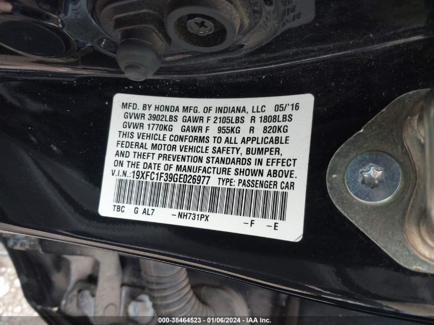 2016 HONDA CIVIC EX - 19XFC1F39GE026977