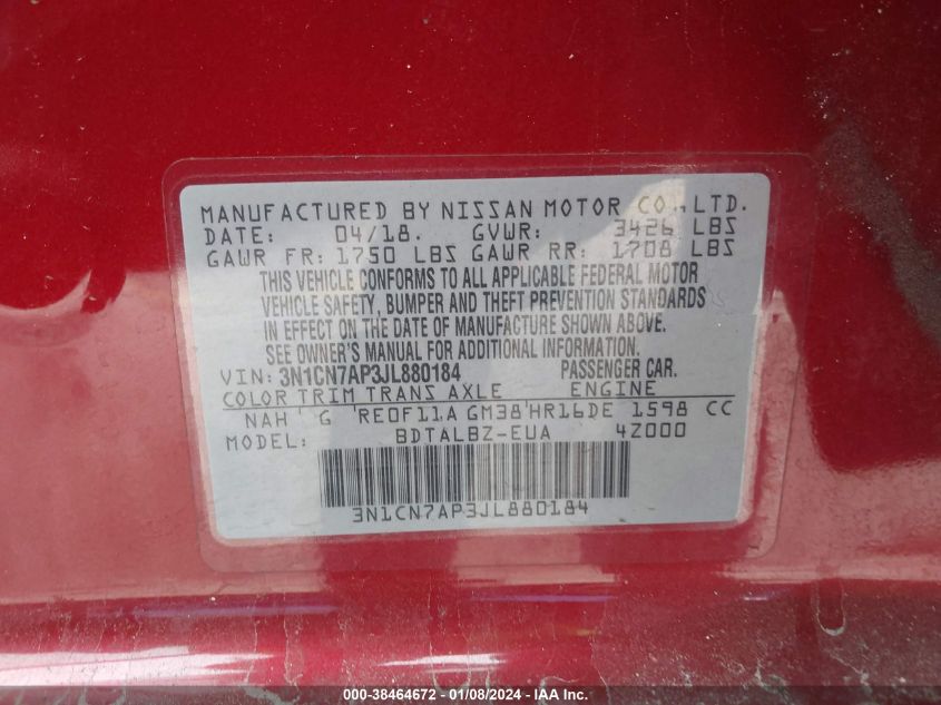 2018 NISSAN VERSA S/S PLUS/SV/SL - 3N1CN7AP3JL880184