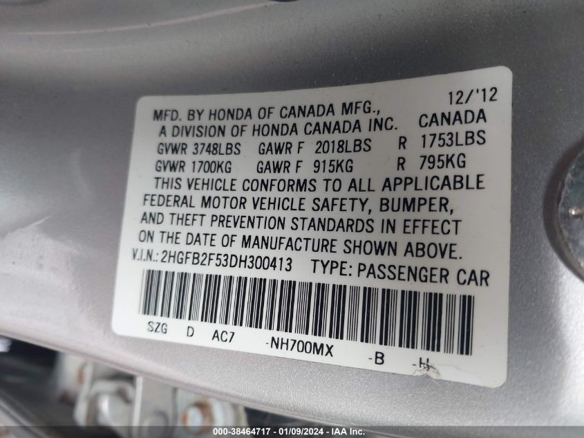 2013 HONDA CIVIC LX - 2HGFB2F53DH300413