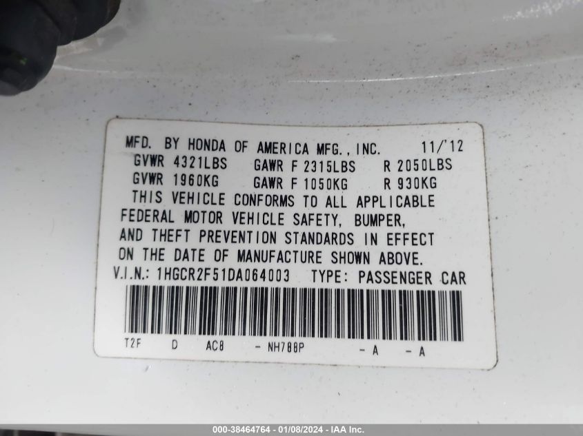 2013 HONDA ACCORD SPORT - 1HGCR2F51DA064003