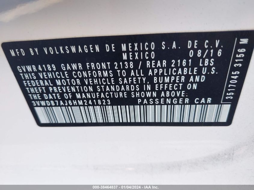 2017 VOLKSWAGEN JETTA 1.4T SE - 3VWDB7AJ6HM241823