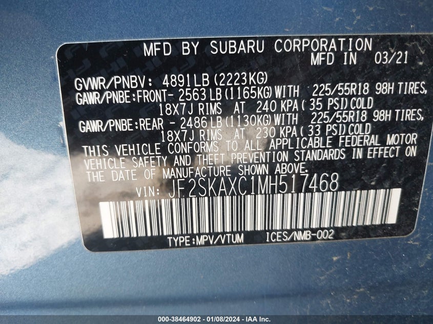 VIN JF2SKAXC1MH517468 2021 SUBARU FORESTER TOURING