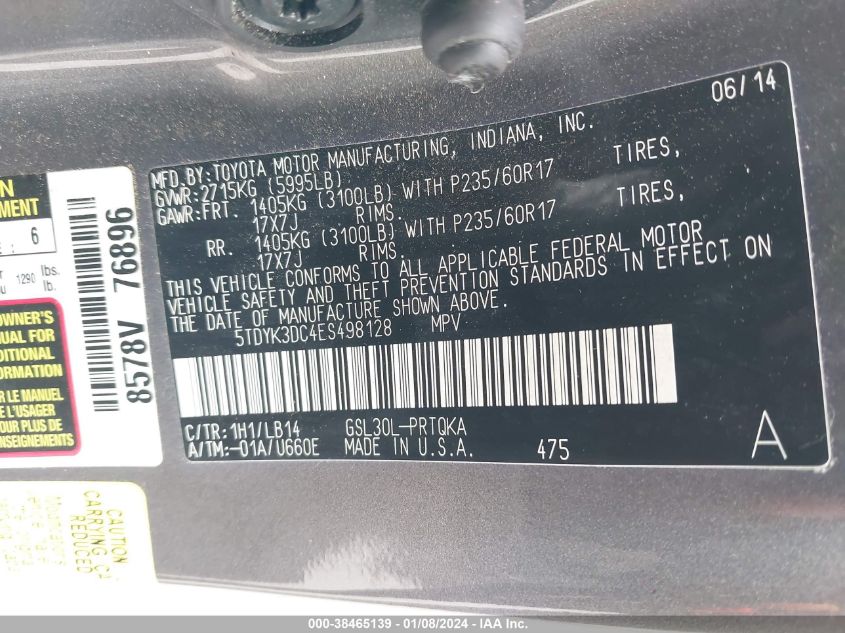 2014 TOYOTA SIENNA XLE V6 8 PASSENGER - 5TDYK3DC4ES498128