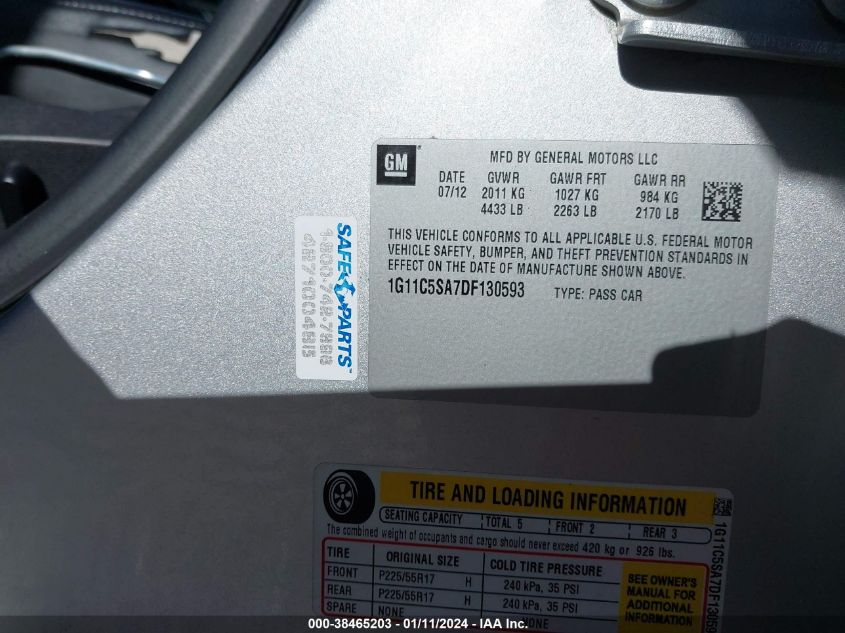 2013 CHEVROLET MALIBU 1LT - 1G11C5SA7DF130593