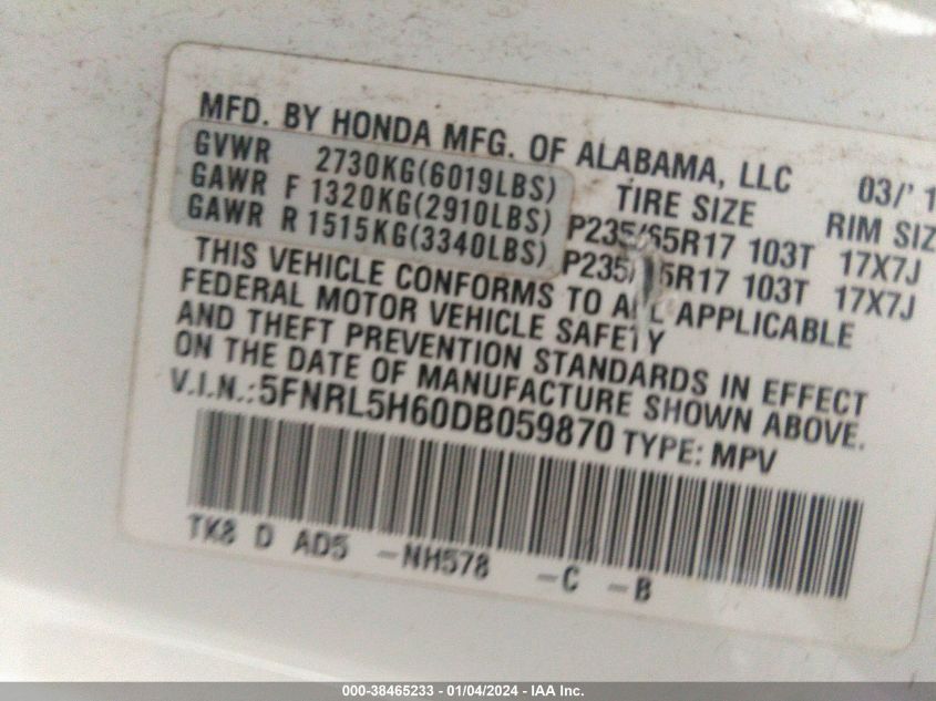 VIN 5FNRL5H60DB059870 2013 HONDA ODYSSEY no.9