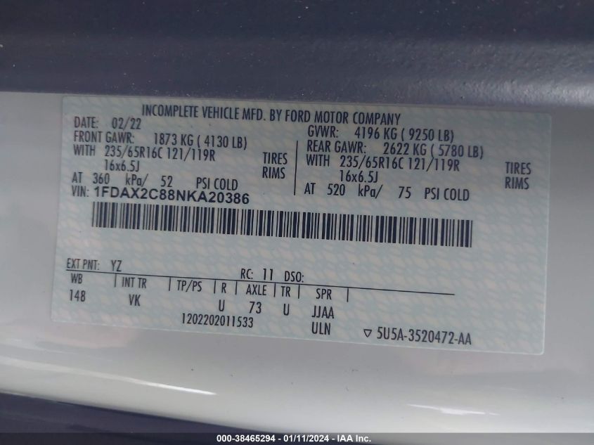 2022 FORD TRANSIT-350 PASSENGER VAN T-350 - 1FDAX2C88NKA20386