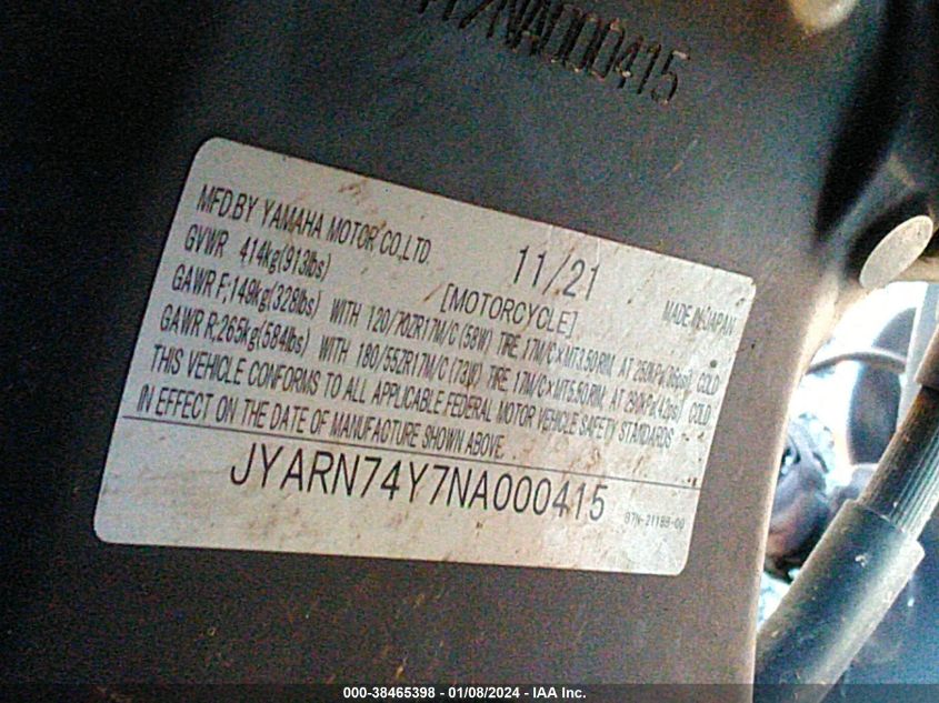 2022 YAMAHA MTT09 GT JYARN74Y7NA000415