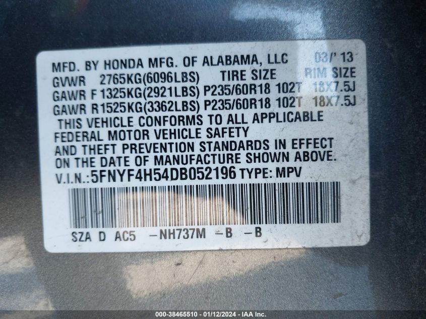 2013 HONDA PILOT EXL - 5FNYF4H54DB052196