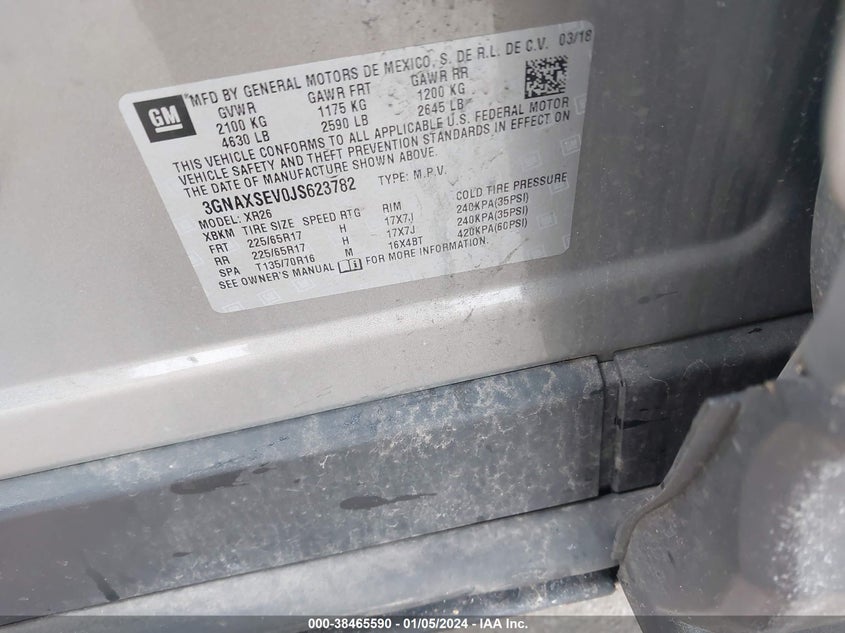 VIN 3GNAXSEV0JS623782 2018 CHEVROLET EQUINOX LT