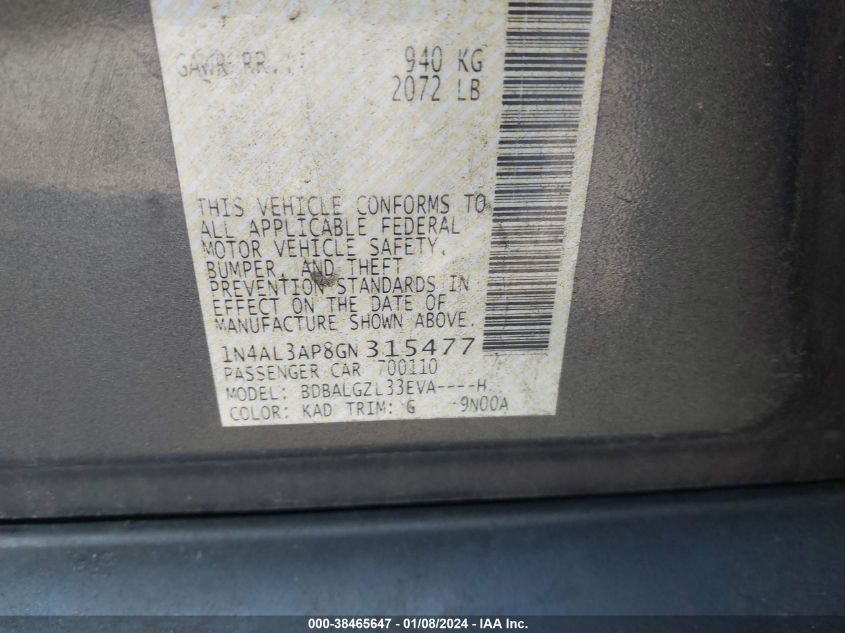 2016 NISSAN ALTIMA 2.5/S/SV/SL/SR - 1N4AL3AP8GN315477
