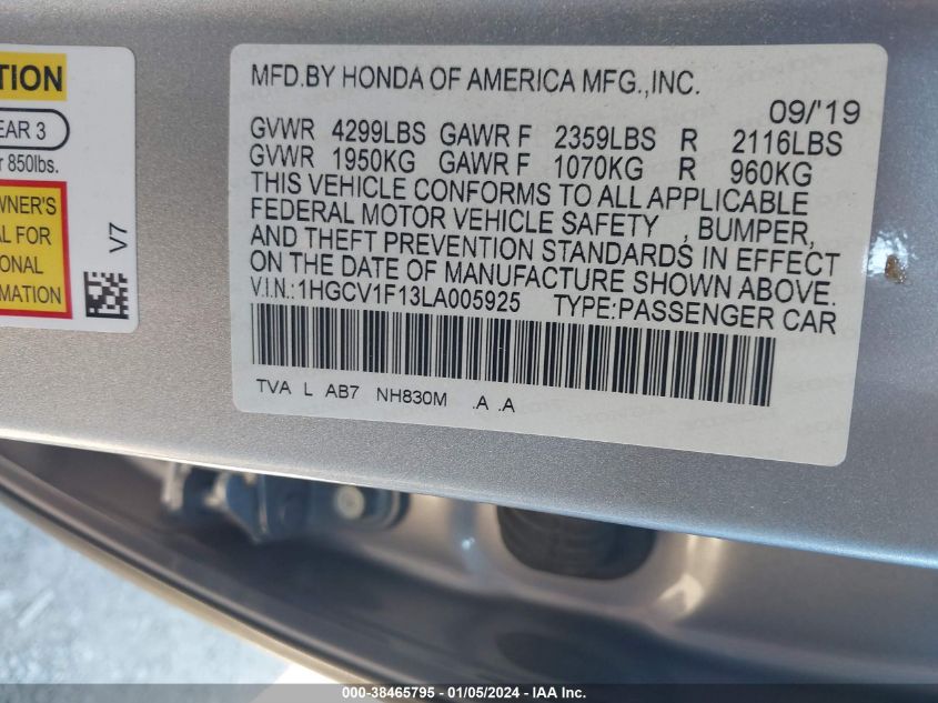 2020 HONDA ACCORD - 1HGCZ1F13LA005925