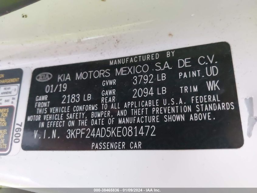 2019 KIA FORTE FE/LX/LXS - 3KPF24AD5KE081472