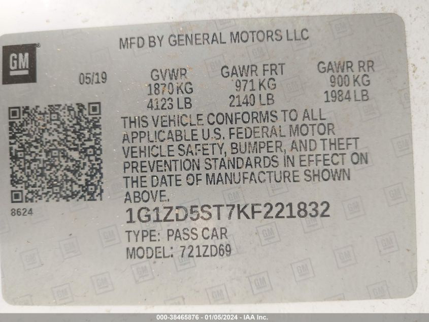 2019 CHEVROLET MALIBU LT - 1G1ZD5ST7KF221832