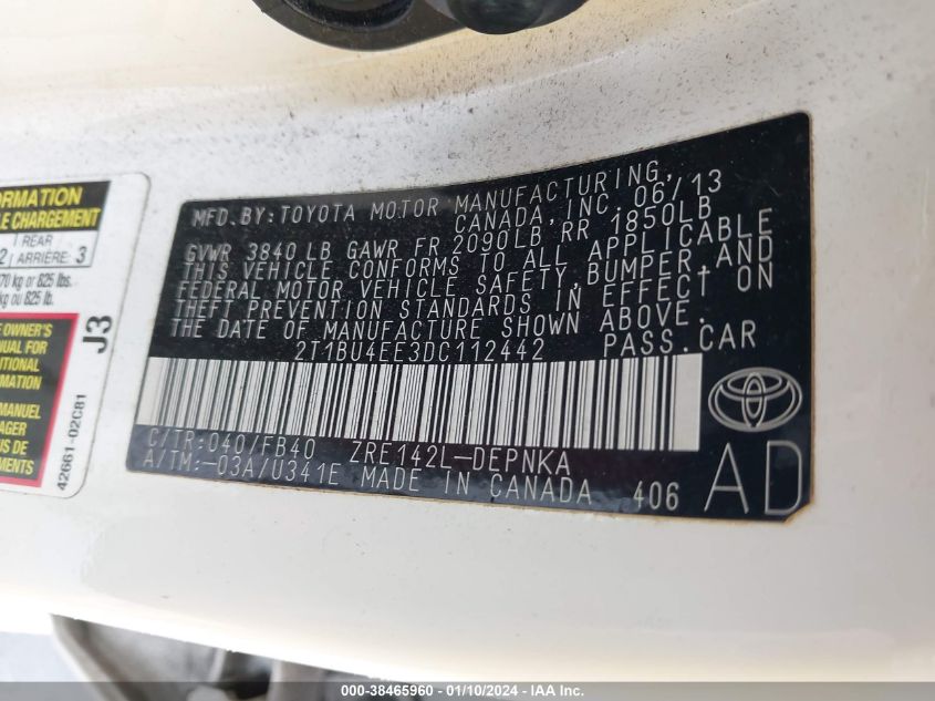 2013 TOYOTA COROLLA LE - 2T1BU4EE3DC112442