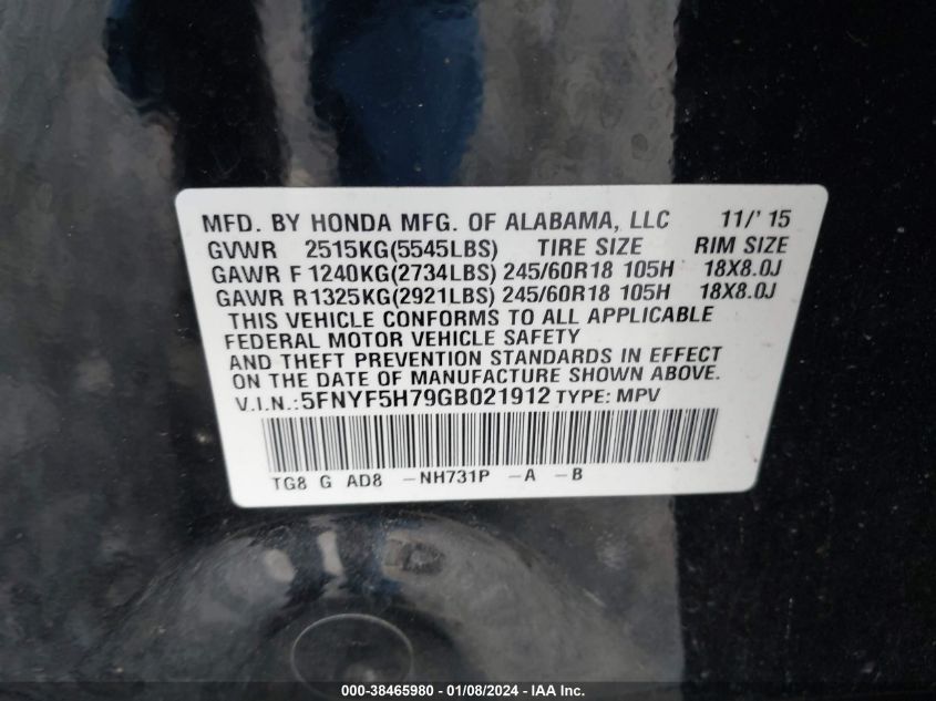 2016 HONDA PILOT EXLN - 5FNYF5H79GB021912