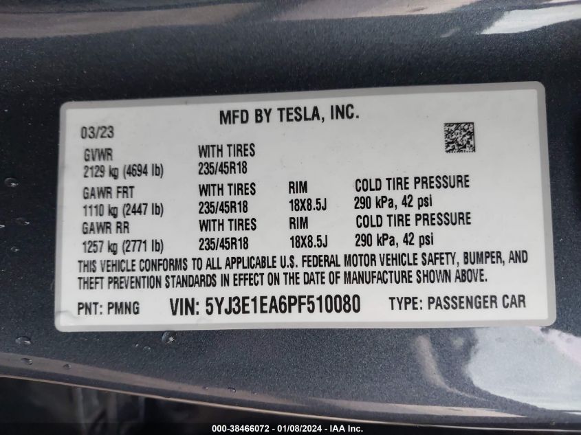 2023 TESLA MODEL 3 - 5YJ3E1EA6PF510080