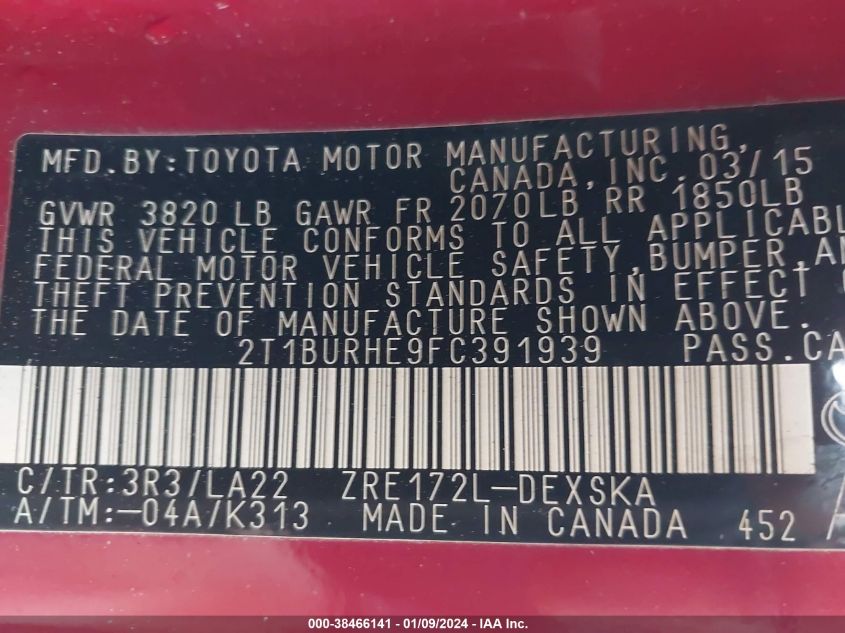2015 TOYOTA COROLLA L/LE/LE PLS/PRM/S/S PLS - 2T1BURHE9FC391939
