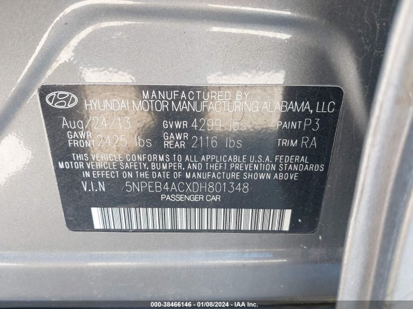 2013 HYUNDAI SONATA GLS - 5NPEB4ACXDH801348