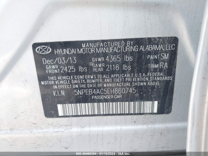 2014 HYUNDAI SONATA GLS - 5NPEB4AC5EH860745