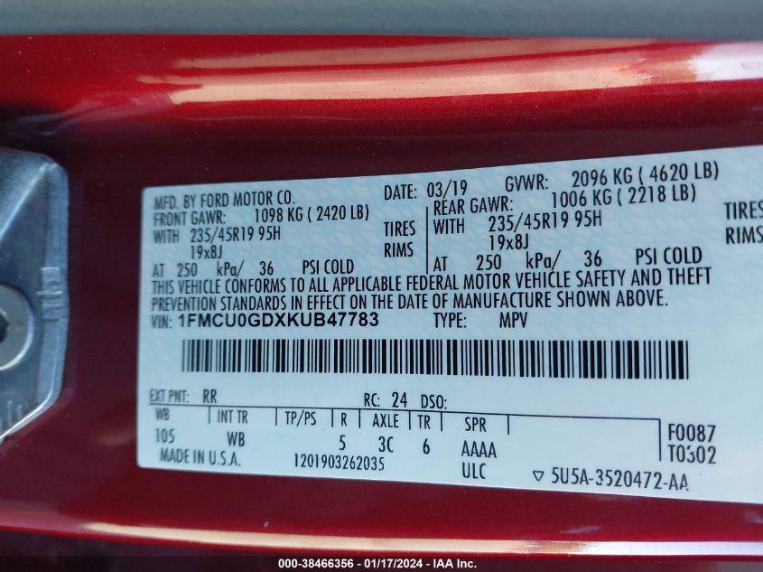 2019 FORD ESCAPE SE - 1FMCU0GDXKUB47783