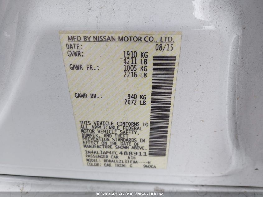2015 NISSAN ALTIMA 2.5 S - 1N4AL3AP4FC488911