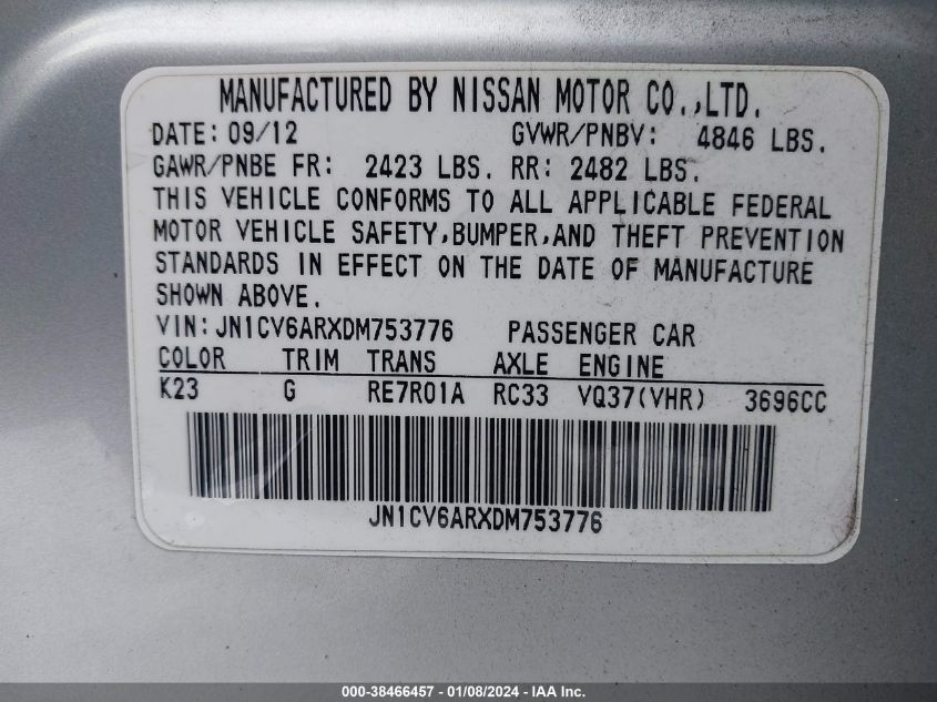 2013 INFINITI G37X JN1CV6ARXDM753776