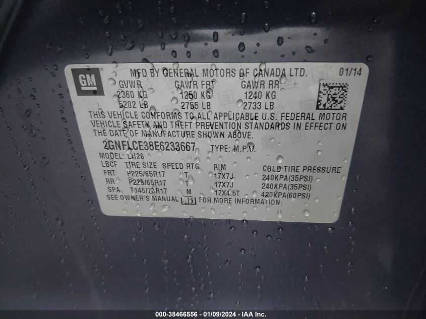 2014 CHEVROLET EQUINOX LT - 2GNFLCE38E6233667