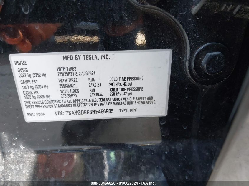 2022 TESLA MODEL Y PERFORMANCE DUAL MOTOR ALL-WHEEL DRIVE - 7SAYGDEF8NF466905