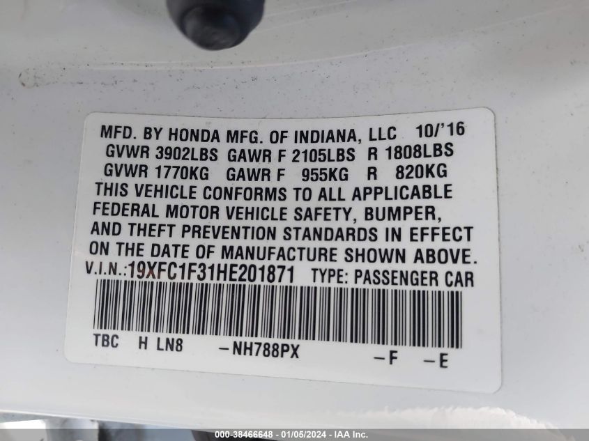 2017 HONDA CIVIC EX - 19XFC1F31HE201871