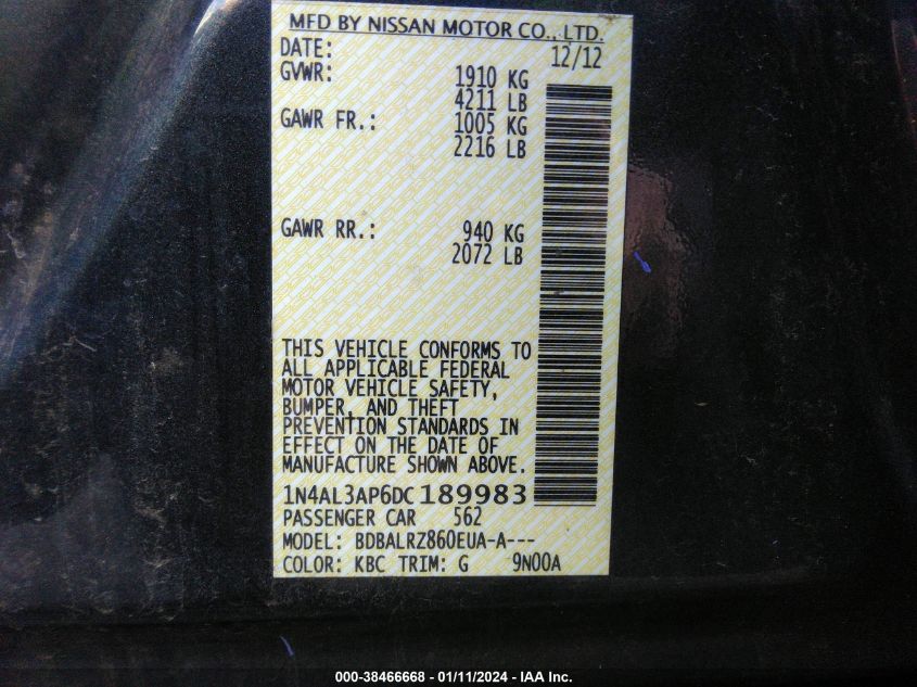 2013 NISSAN ALTIMA 2.5/S/SV/SL - 1N4AL3AP6DC189983