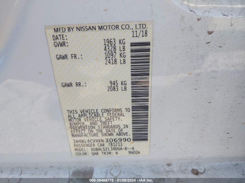 2019 NISSAN ALTIMA SR - 1N4BL4CVXKN306990