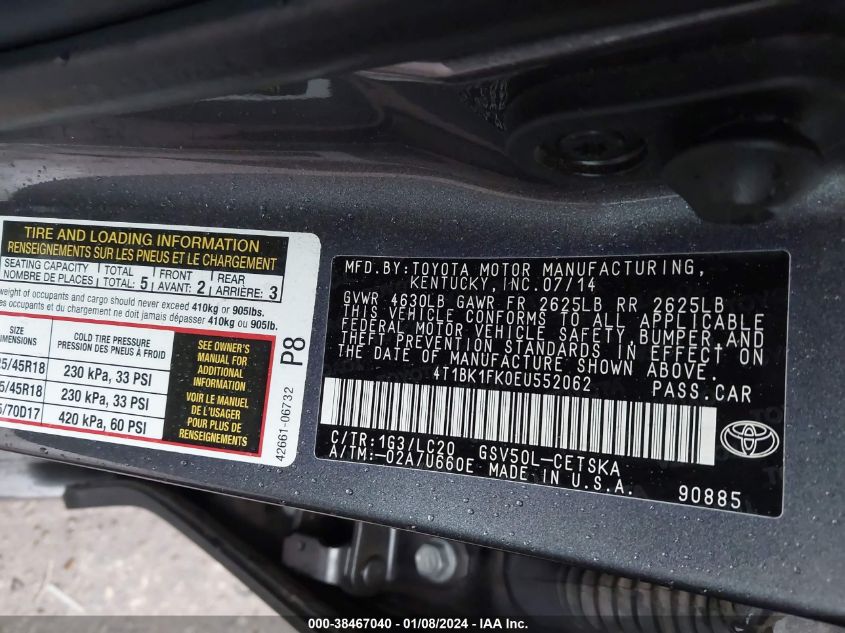 2014 TOYOTA CAMRY SE/XLE - 4T1BK1FK0EU552062