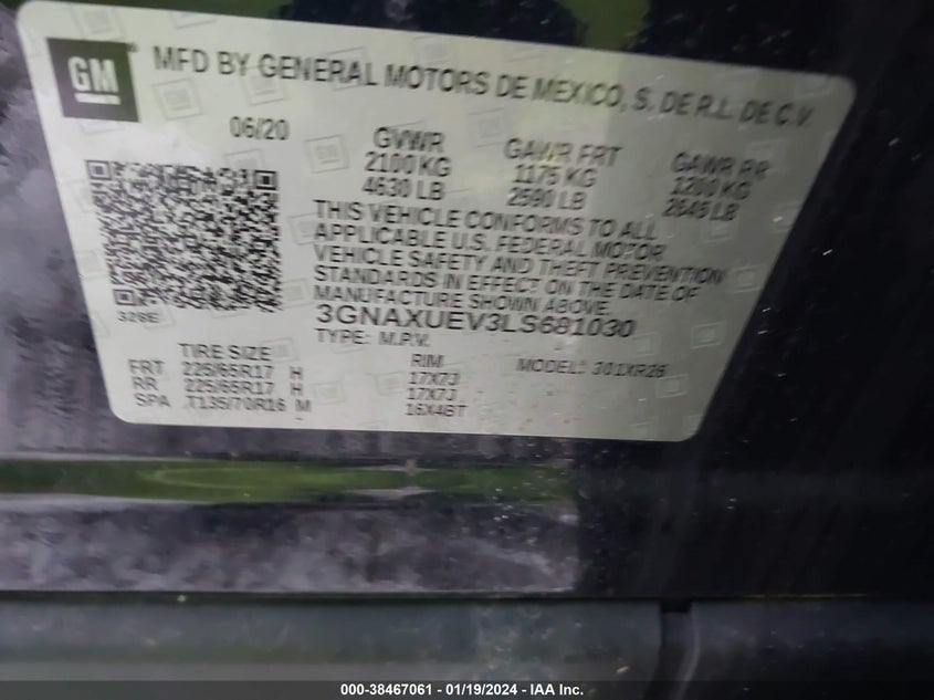 VIN 3GNAXUEV3LS681030 2020 CHEVROLET EQUINOX LT