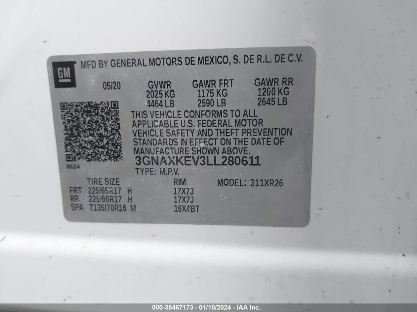 2020 CHEVROLET EQUINOX FWD LT 1.5L TURBO - 3GNAXKEV3LL280611