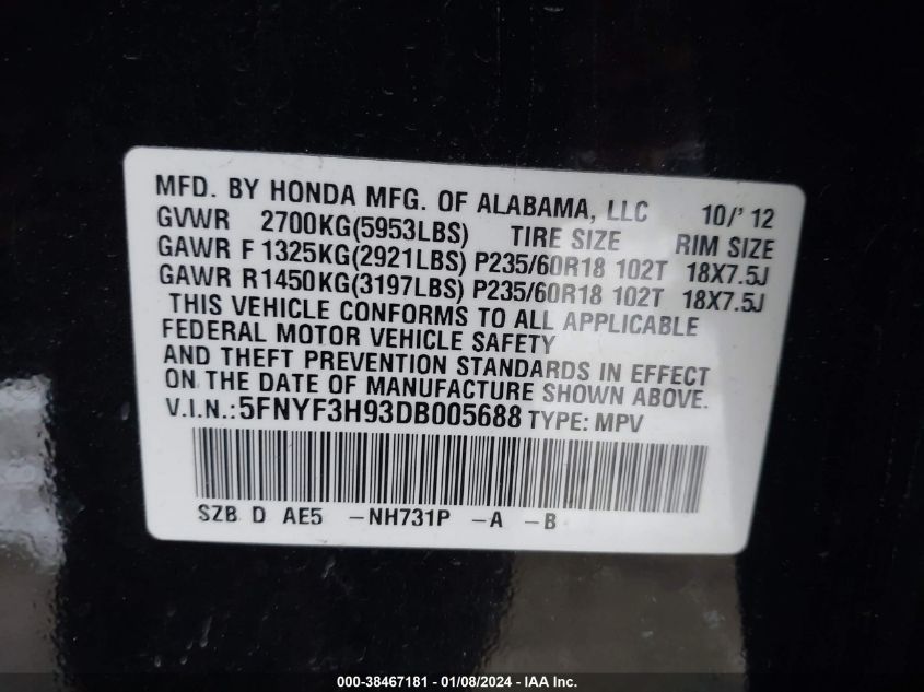 2013 HONDA PILOT TOURING - 5FNYF3H93DB005688