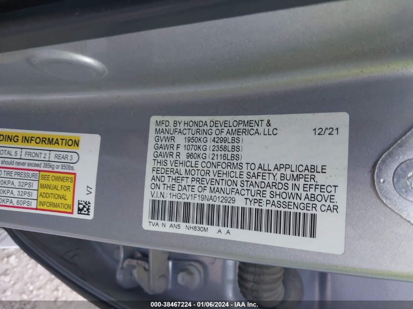 2022 HONDA ACCORD LX - 1HGCV1F19NA012929