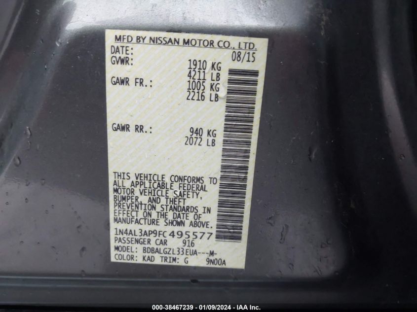 2015 NISSAN ALTIMA 2.5 S - 1N4AL3AP9FC495577