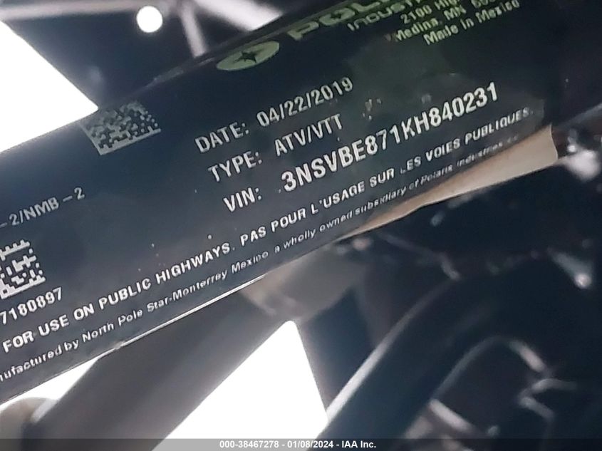2019 POLARIS RZR S 900 EPS - 3NSVBE871KH840231